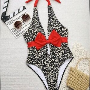 Leopard Print Swimsuit with Red Bow